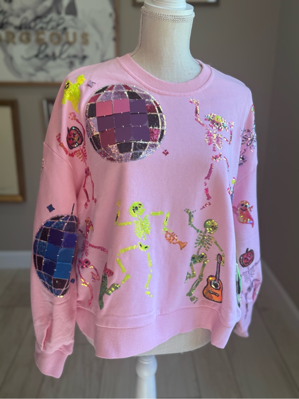 New! QUEEN OF SPARKLES Pink Neon Sequin Disco Skeleton Sweatshirt - Picture 3 of 12